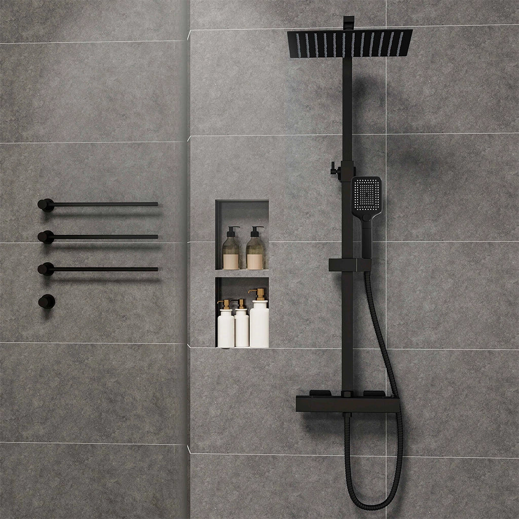 Grande soffione doccia 30x30cm con miscelatore termostatico e doccetta a 3 modi di getti, nero