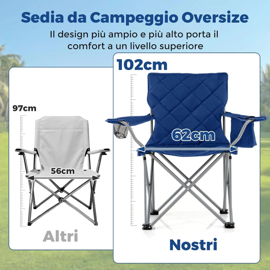 Sedia da Campeggio Pieghevole, Poltrona Esterni con Tasca Frigorifero e Portabicchieri, Sedia da Picnic con Borsa da Trasporto, Portata 227 kg, per Campeggio Pesca Picnic (Blu)