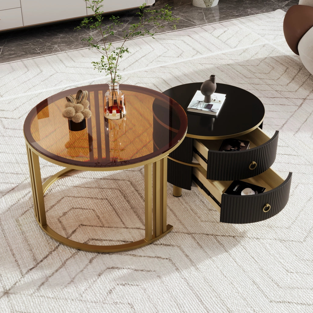 Tavolini da Caffè Rotondi a Nido con 2 Cassetti; Piano Lucido e Vetro Temperato Marrone; Moderno; Nero; 70×70×45 + 50×50×40 cm