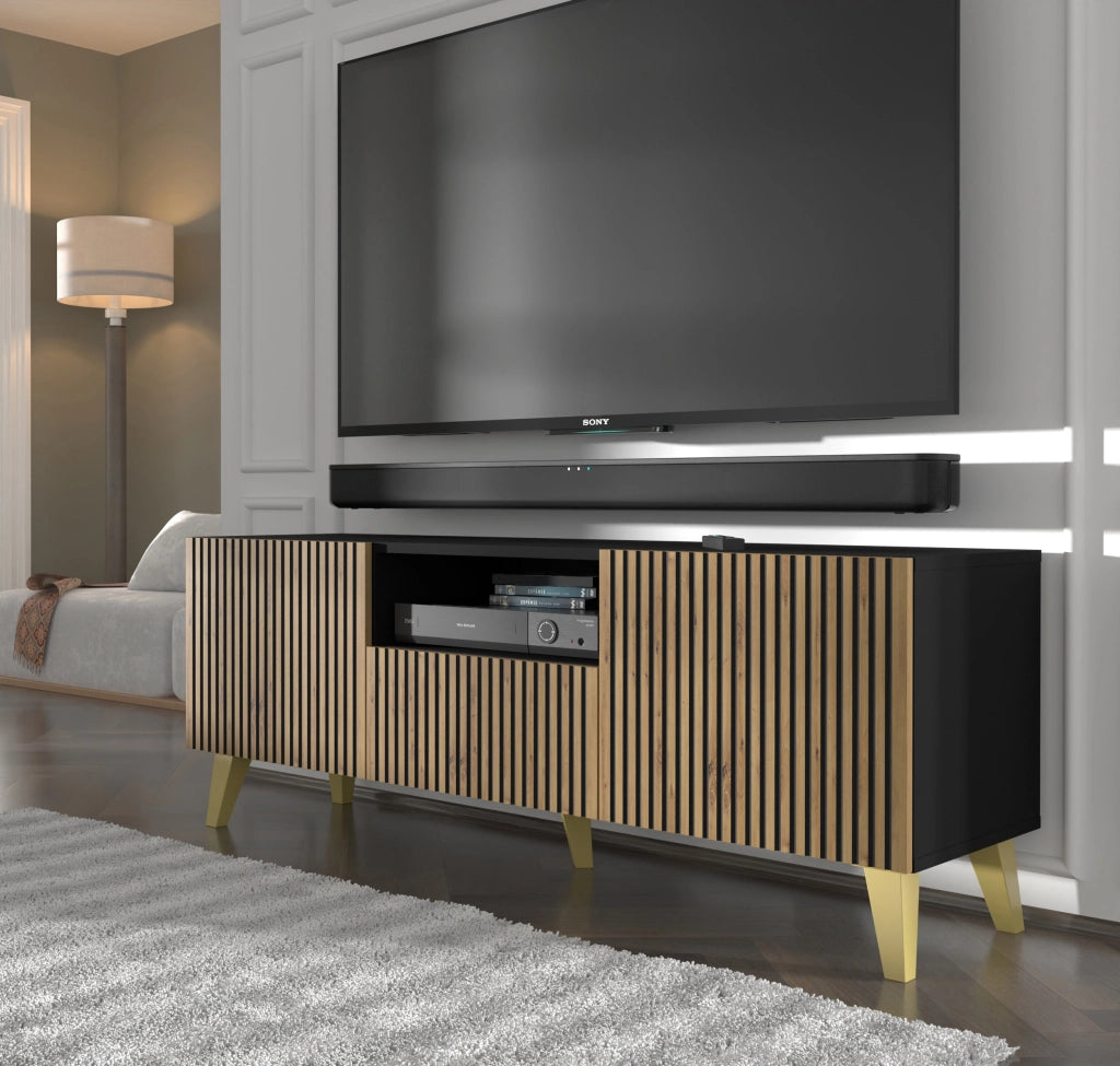 MOBILE RAVENNA P PORTA TV IN MDF VERNICIATO 150 2D1S ROVERE ARTIGIANALE NERO GAMBE ORO