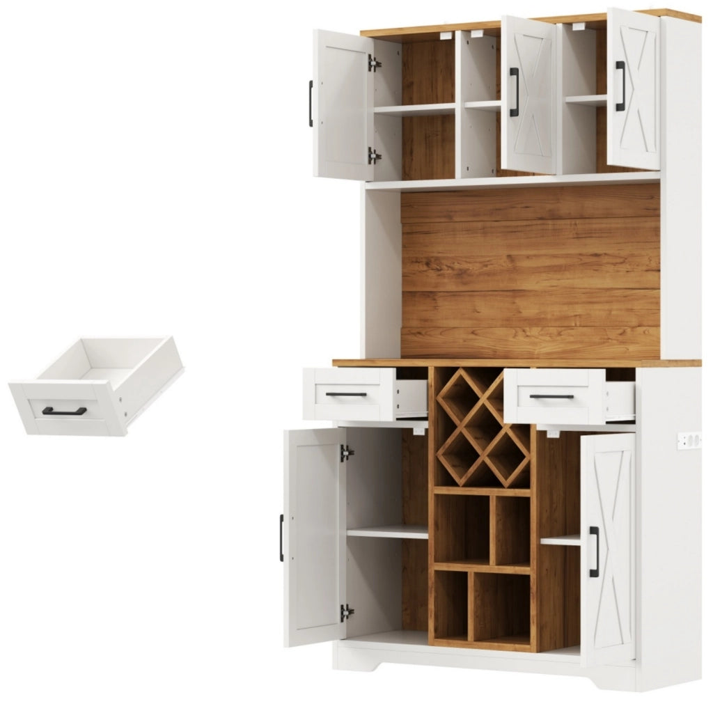 Credenza alta con 2 cassetti e LED - per cucina - 105×40×180 cm - naturale e bianco
