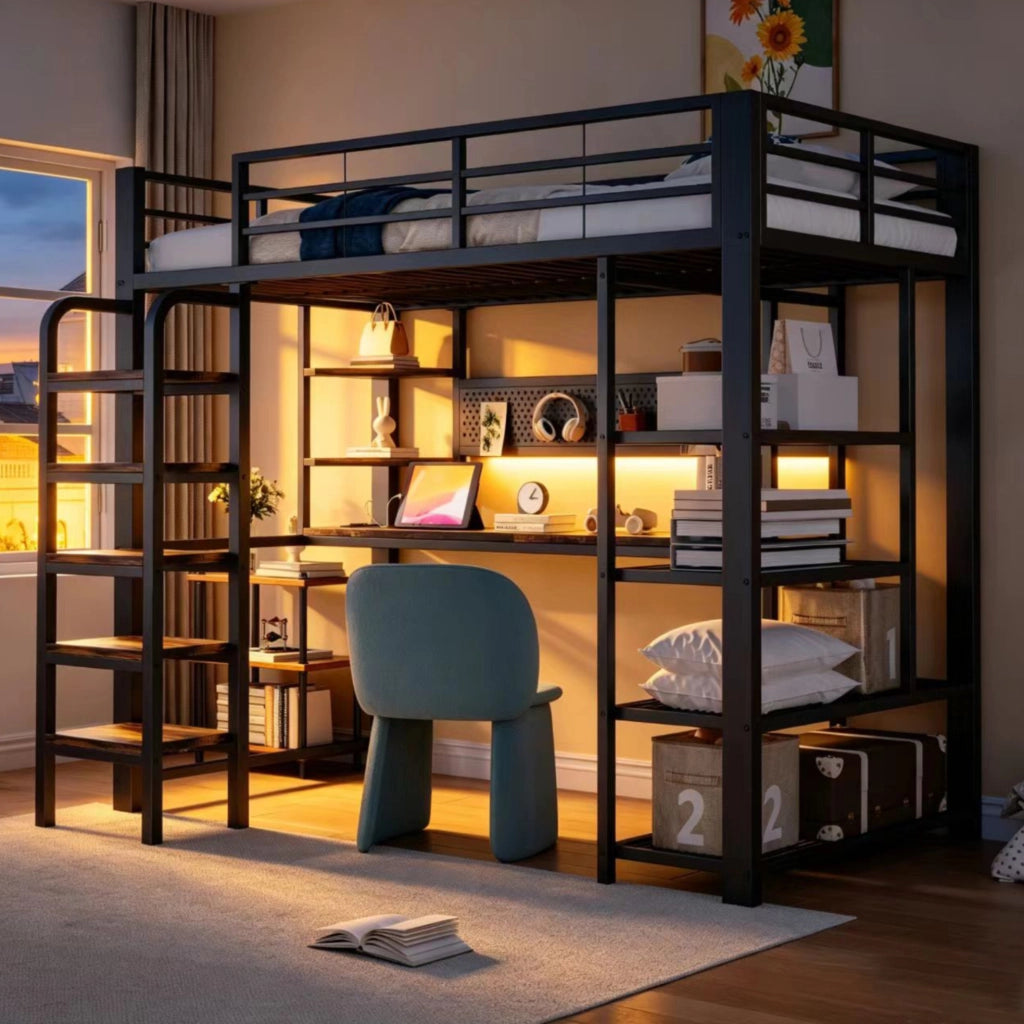 Letto a soppalco in metallo 90x200 cm con LED; scrivania; prese integrate e ripiani; nero