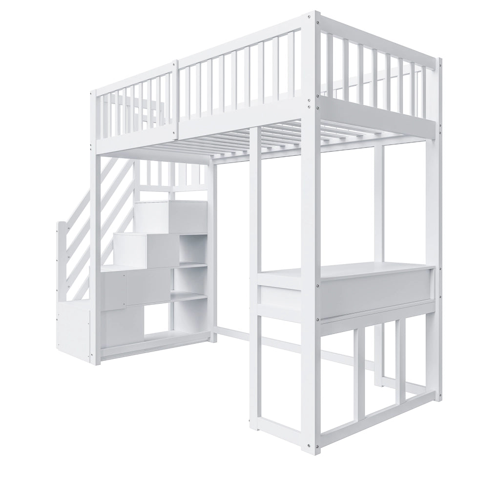 Letto a soppalco 90 x 200 cm; singolo con scala contenitore e scrivania; senza materasso; Bianco