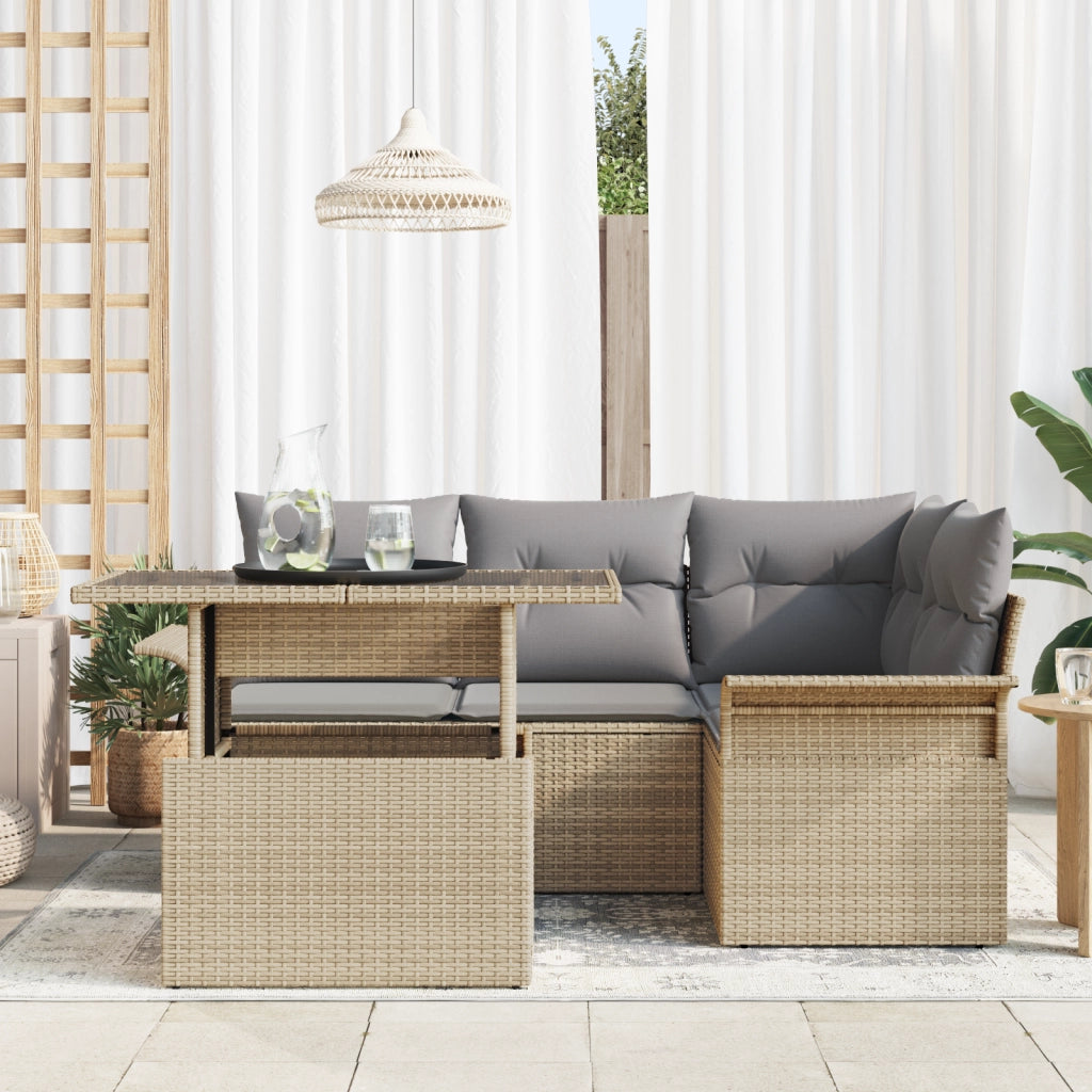Set di Divani da Giardino 5 Pezzi con Cuscini Beige Rattan Poly