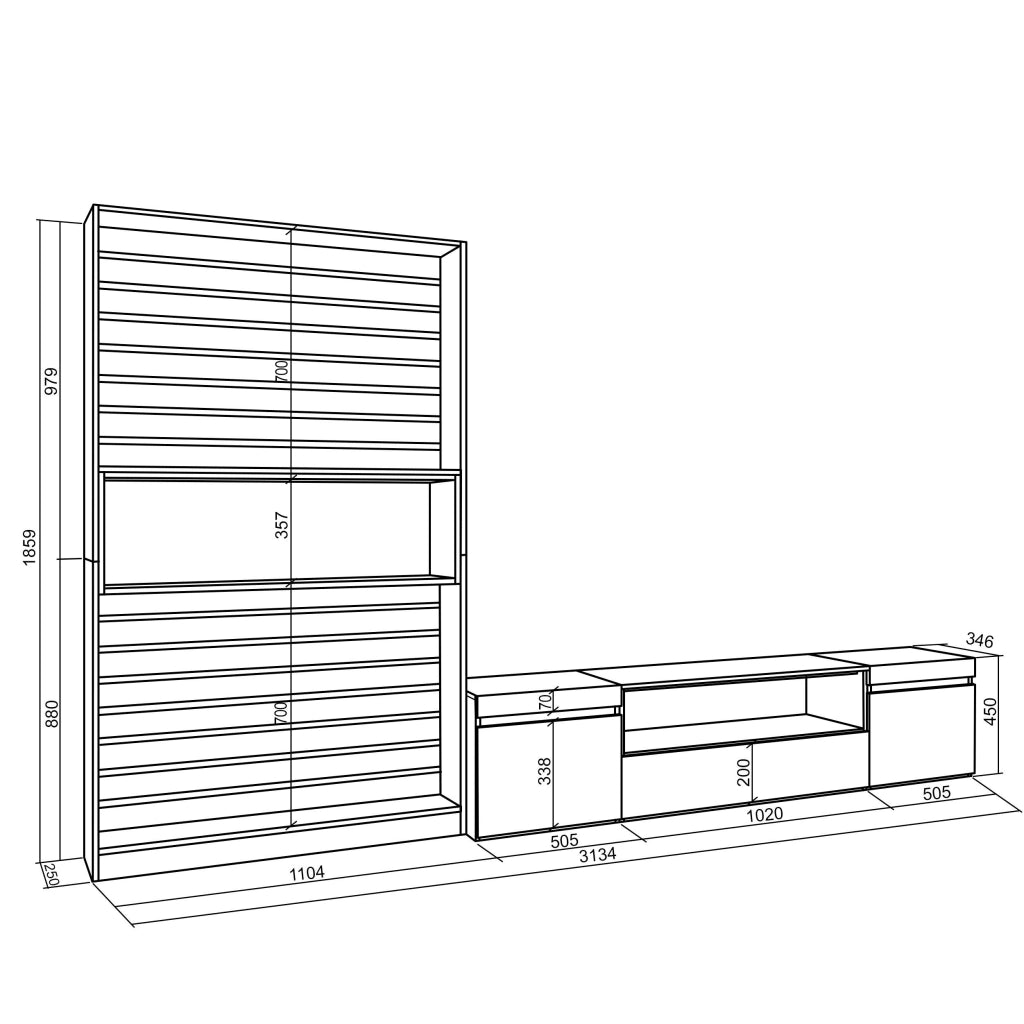 Mobile TV, Soggiorno, 310x35x186cm, Per TV fino a 80", Set di mobili, colore Rovere e nero RF2854