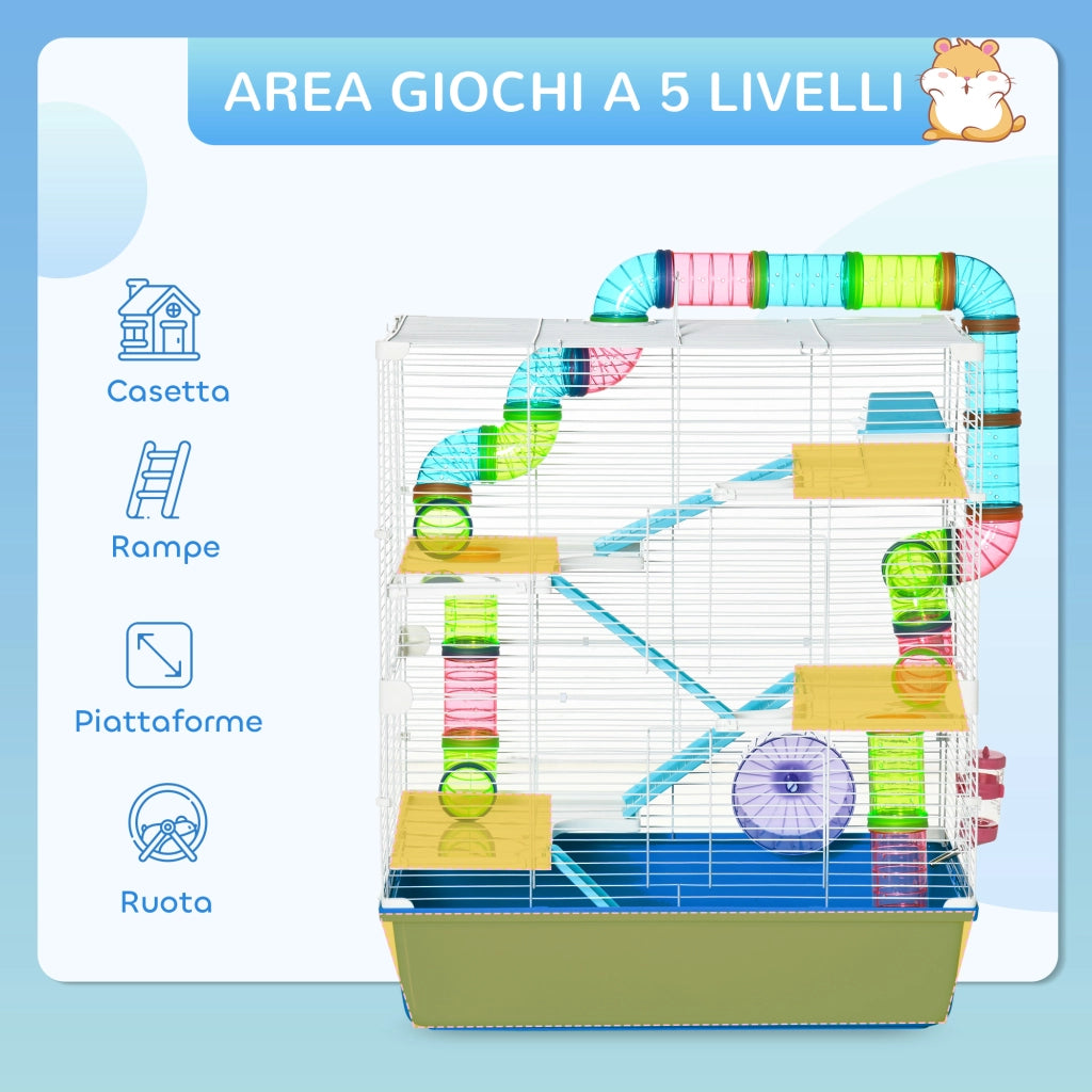 Gabbia per Criceti a 5 Livelli con Tubi, Casetta e Ruota ¨C zephmum ¨C Blu e Bianco, Acciaio e PP, 59x36x69 cm