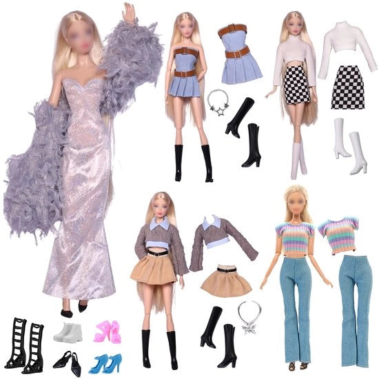 Set di abiti per bambole - Abito da sera moda - gonna in denim - top ricamato - gonna/berretto - accessori per collo/costola - 5 scarpe per bambole da 30 cm - abiti per bambole