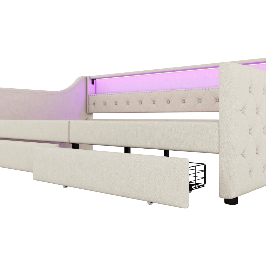 Daybed 90x200 cm con rete a doghe, 2 cassetti, luce LED ambientale e porta USB, struttura in lino e MDF, Beige