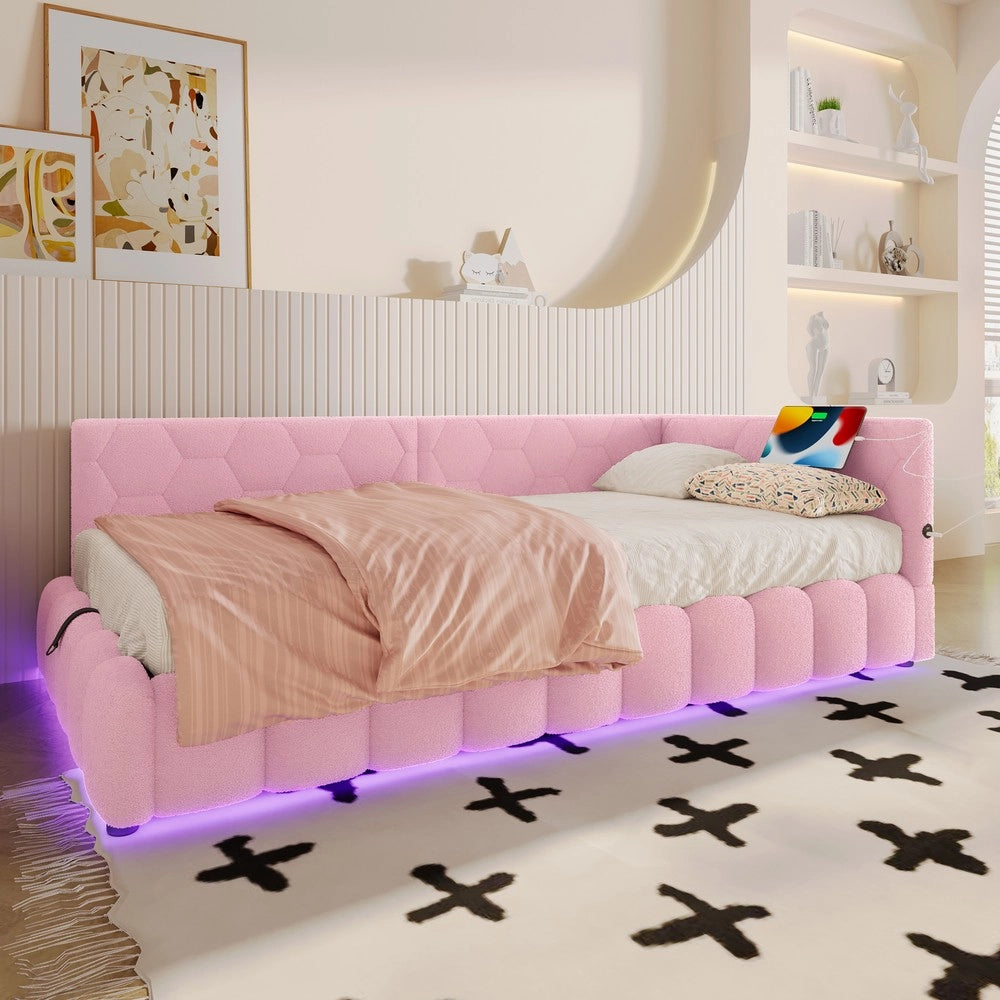 Letto Singolo Imbottito con LED e Contenitore Idraulico ¨C MINIMAL ¨C Rosa, 90x200 cm