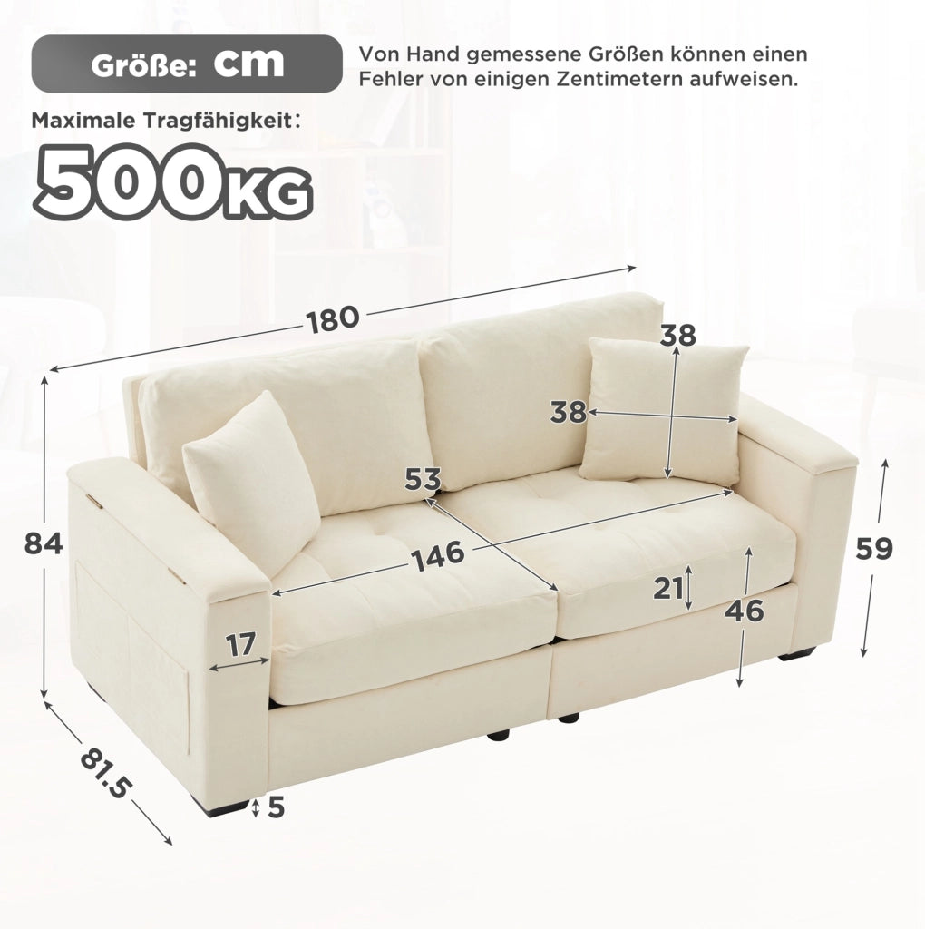 Divano 2 posti con vani nei braccioli e tasche laterali; rivestimento in ciniglia beige
