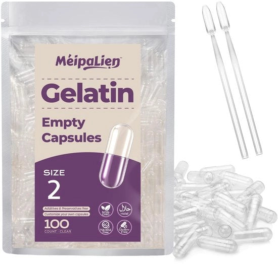 Capsule di gelatina leggere, 2 mm, 100 pezzi, compatibili con capsule riempitrici, Halal, senza glutine.
