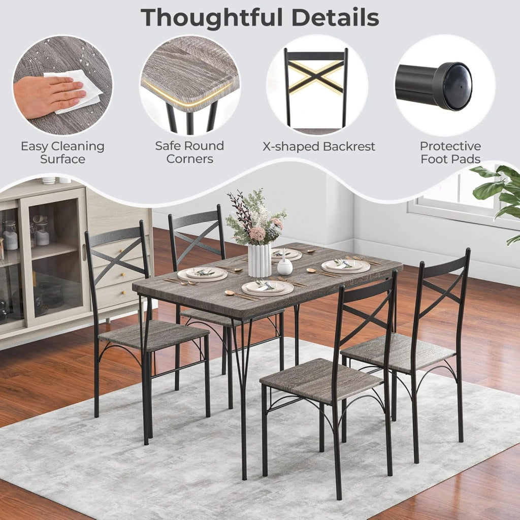 Tavolo da pranzo con 4 sedie, 5 cucchiai. Set da pranzo per 4 persone, set da tavolo in metallo e legno, tavolo da cucina, tavolo da pranzo con 4 sedie