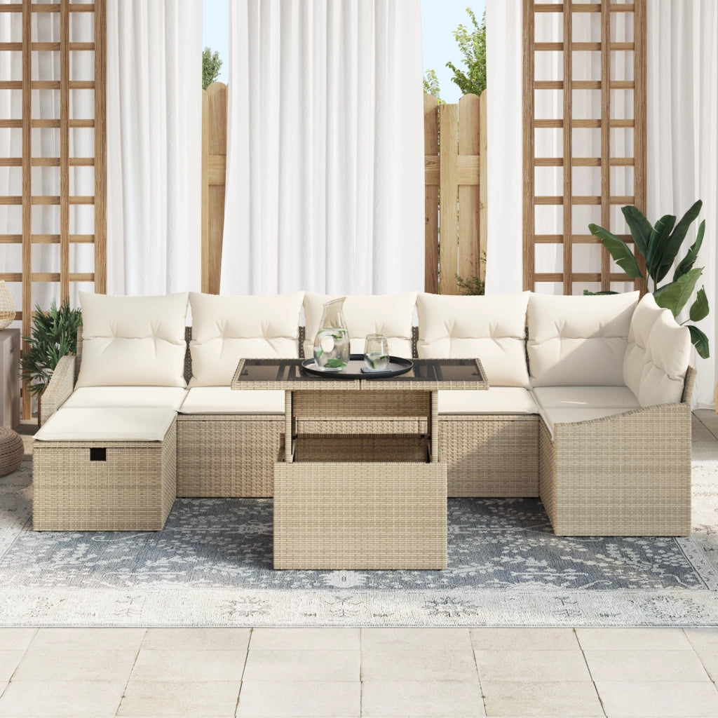 Set Divano da Giardino 8 Pezzi con Cuscini Beige Rattan Poliestere