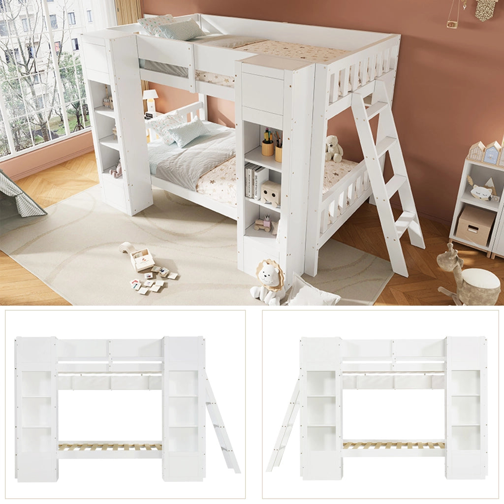 Letto a castello 90 × 200 cm con 2 armadi frontali, ripiano sospeso, scala reversibile, senza materasso, bianco