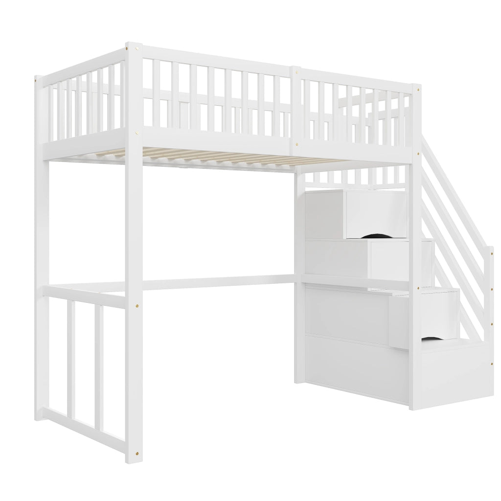 Letto a soppalco 90x200 cm in legno bianco con scala contenitore