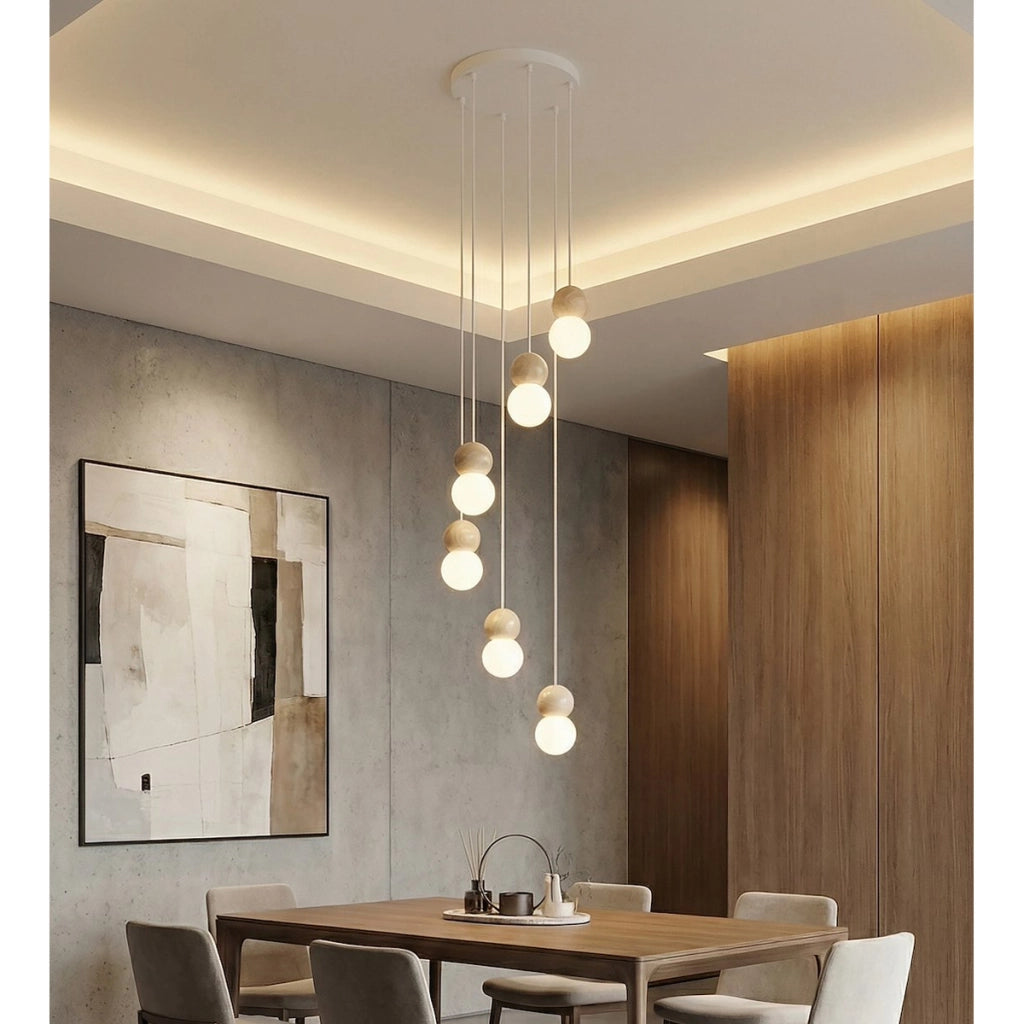 Lampada a sospensione LOOP in acciaio bianco e legno