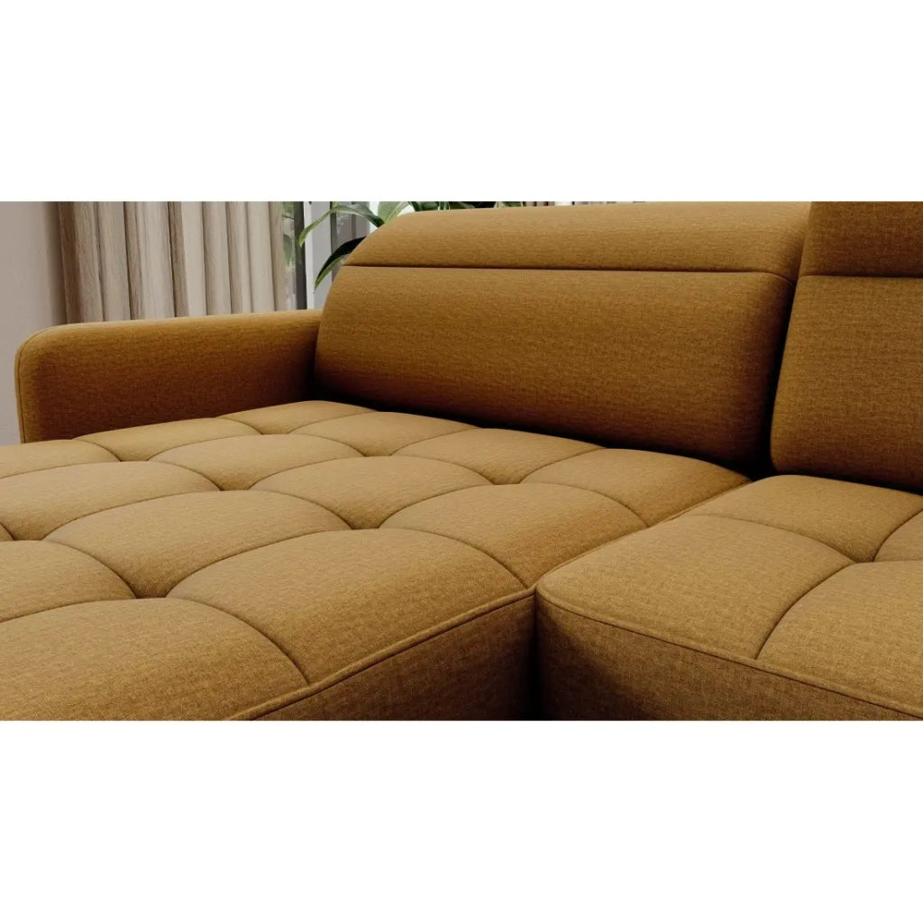 Divano angolare convertibile BERTHO 306 cm giallo arancio – Angolo sinistro con contenitore