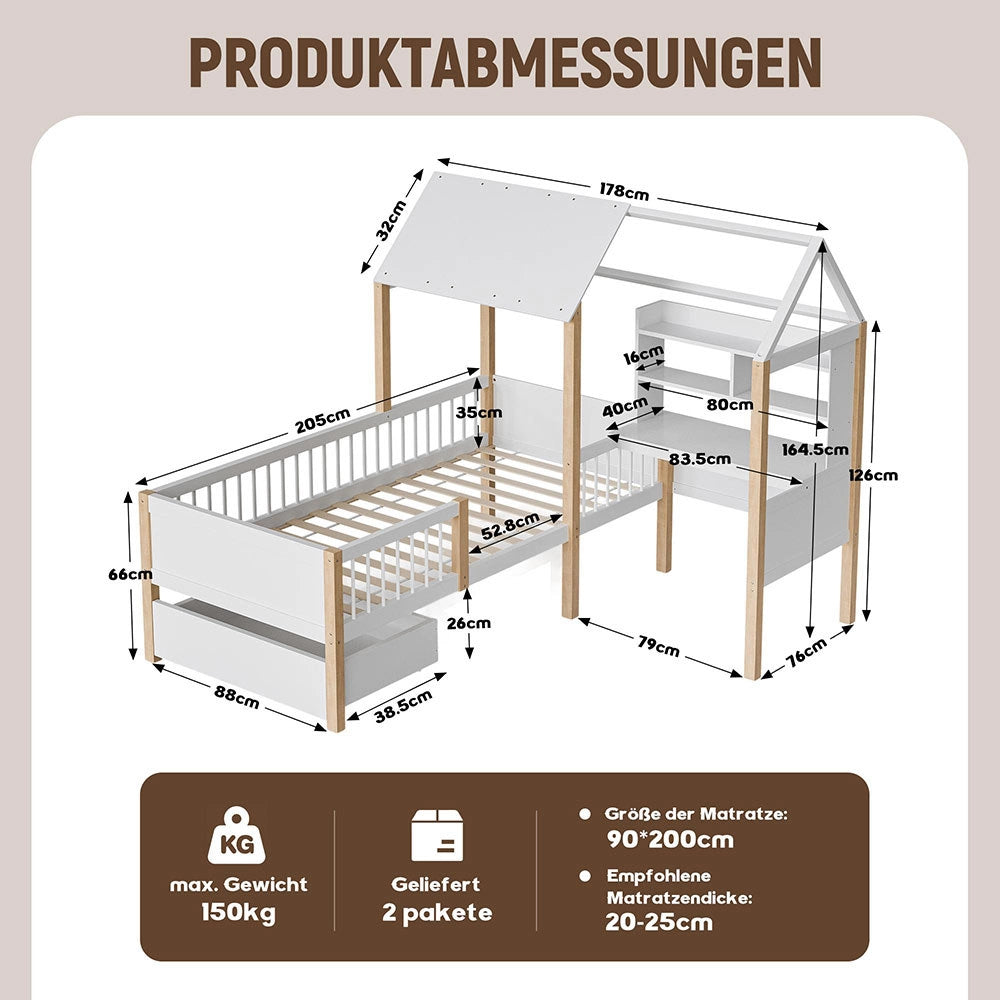 Letto bambino 90x200cm - Xylo - bianco, scrivania L, cassetti, sicuro