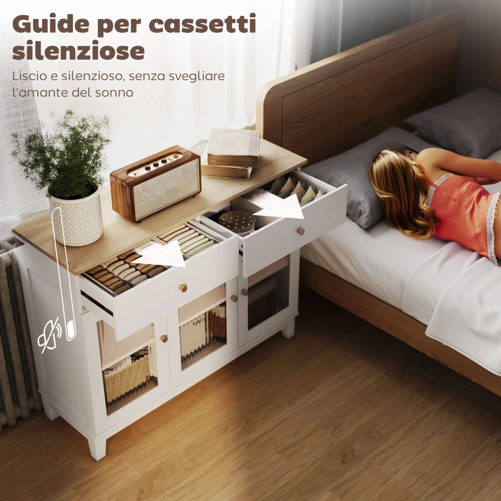 Credenza Cucina Mobile Buffet Ante in Vetro 100x35x80.3cm Bianco e Rovere