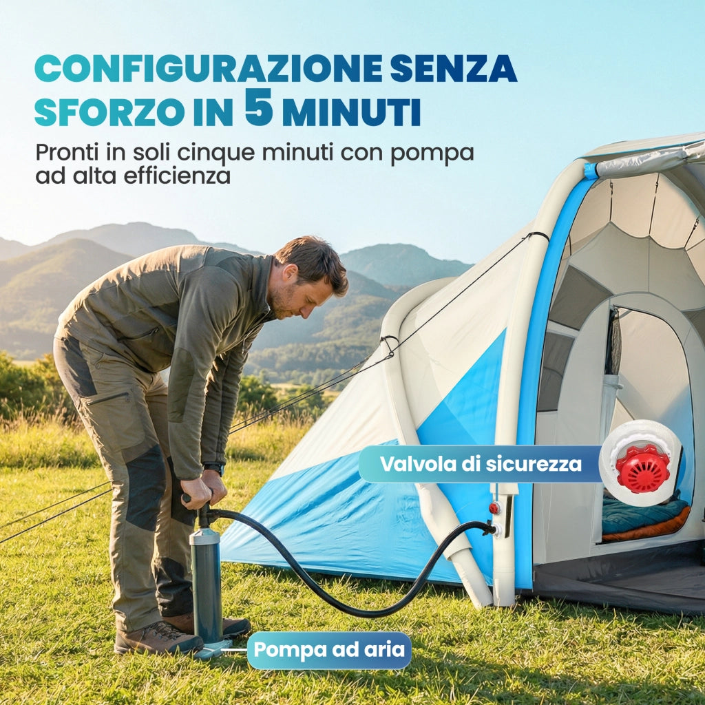 Tenda Gonfiabile. Facile da Montare. 4 Persone. 2 Camere da Letto. Blu