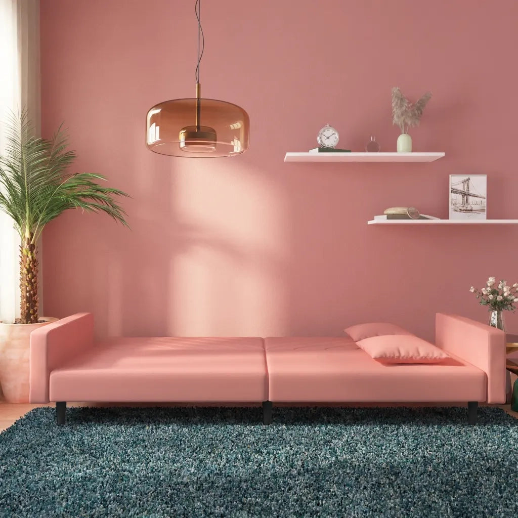 Divano Letto a 2 Posti con 2 Cuscini Rosa in Velluto 375921