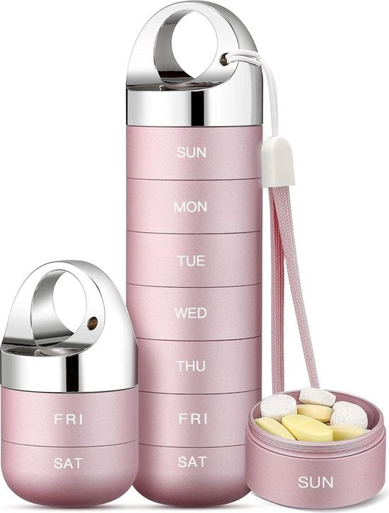Pillen Portatile - Contenitore di Viaggio - Pilliera di Alluminio Leggero - Impermeabile e Portatile - per Vitamine/Visceri/Supplementi - Rosa