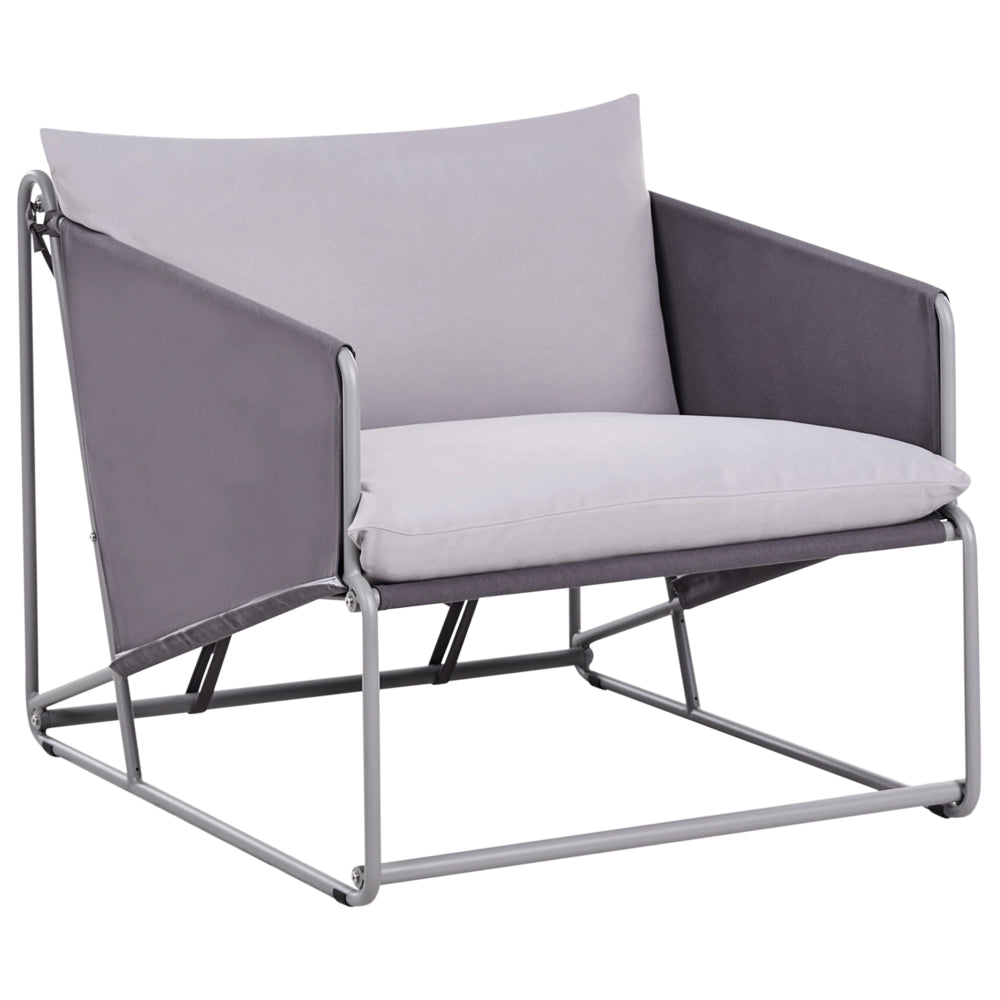 Set composto da divano basso oversize e 2 sedie in metallo con cuscini per schienale e seduta da interno ed esterno grigio stile moderno e rustico