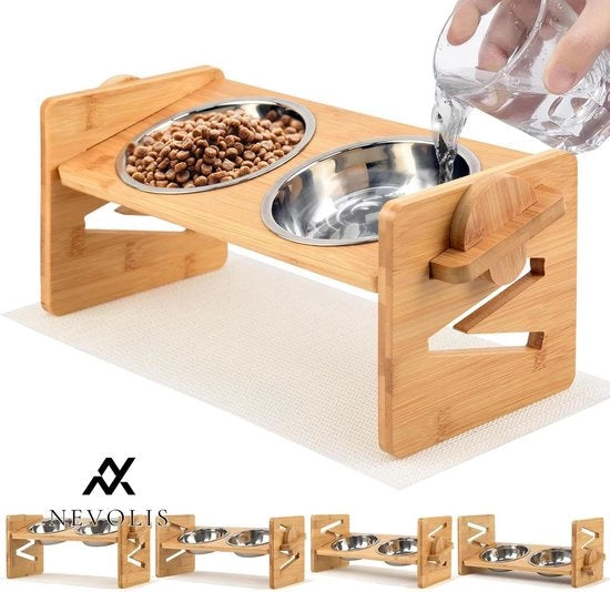 Piatto Alimentare Elevabile per Cani e Gatti - Altezza Regolabile - Piatto per Cani in Bambù - 2 Ciotole in Acciaio Inossidabile - Ciotole per Piccoli Gatti - Cani