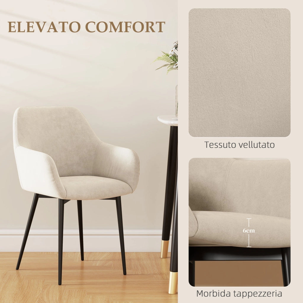 Set 2 Sedie Imbottite Stile Nordico 54x57x80 cm Tessuto Effetto Velluto Crema
