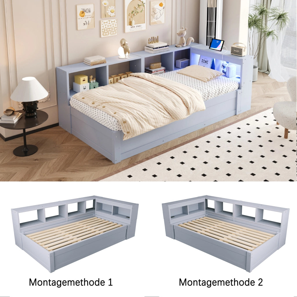 Letto divano singolo 90 × 200 cm con presa multifunzione, LED e contenitore idraulico, senza materasso, in MDF, grigio