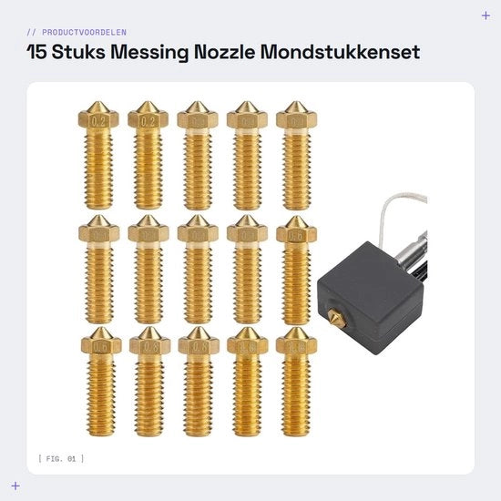 Set di Nozzle per 3D Stampante - 15 pezzi - 0,1 mm/0,2 mm/0,4 mm/0,6 mm/0,8 mm - Materiale: rame - Componenti per 3D stampante - Eccellente conduttività termica - Superficie interna liscia - Nozzle per 3D stampante
