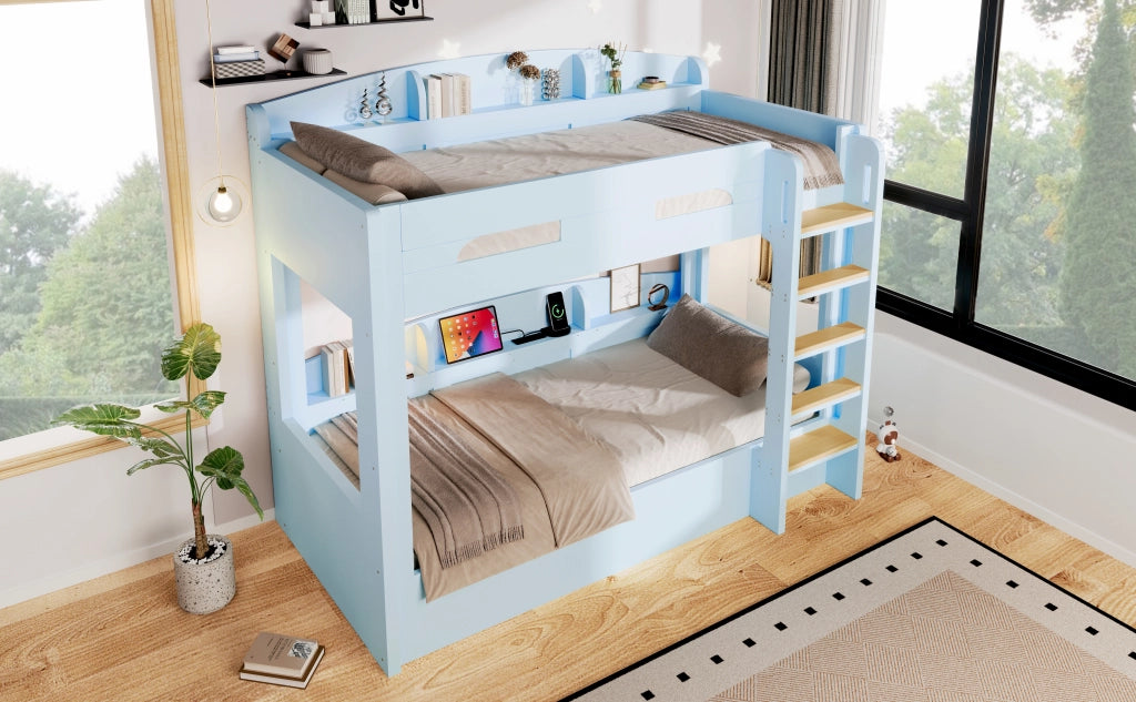 Letto a castello 90x200 cm con letto inferiore; presa USB e ripiani laterali; blu chiaro