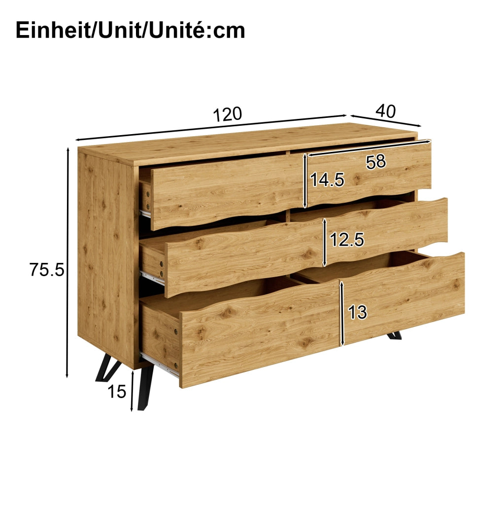 Sideboard moderno con 6 cassetti 120x40x75;5 cm in effetto legno; struttura in truciolare