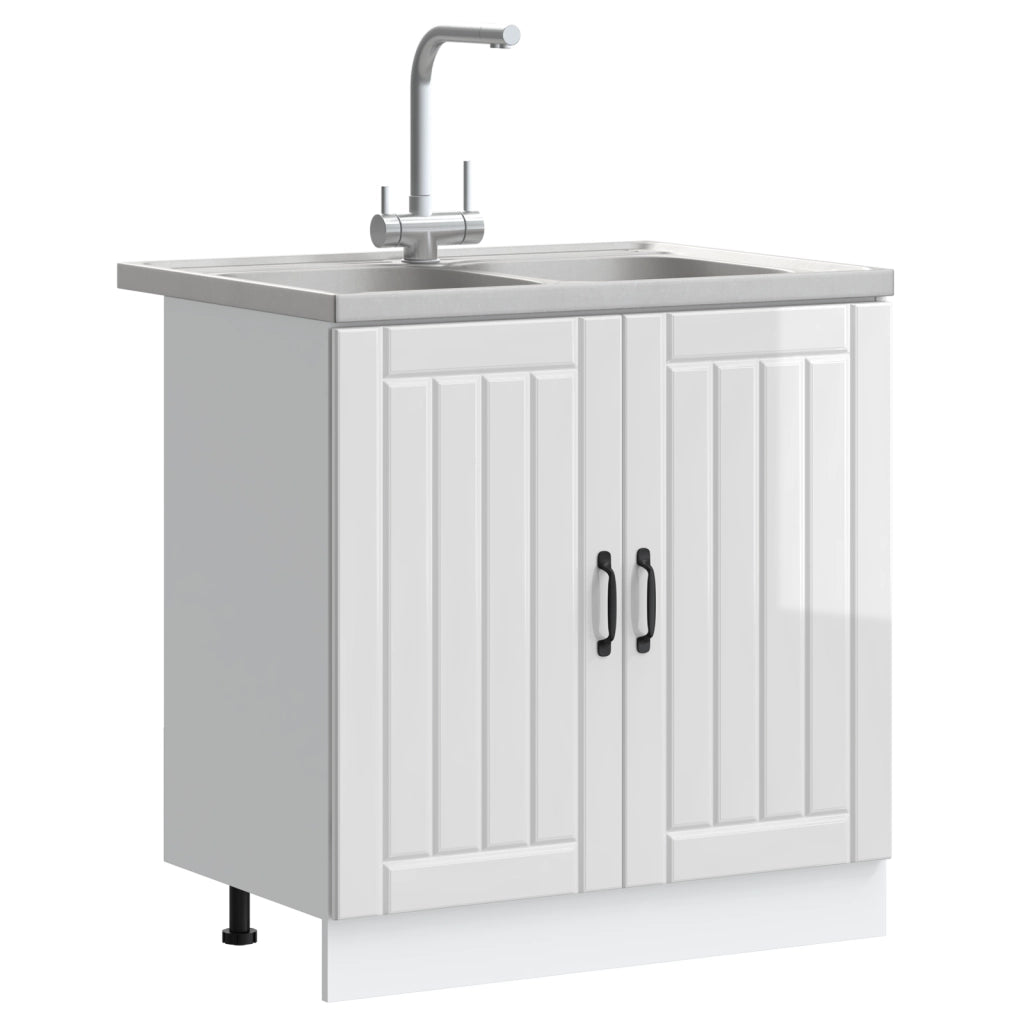 Armadio da cucina  "Lucca" con doppi lavelli in legno ingegnerizzato lucido bianco