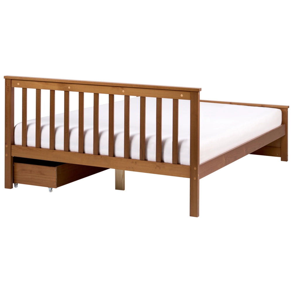 Letto matrimoniale in legno di Pino marrone con contenitore e 2 cassetti 140 x 200 cm Testiera a doghe minimalista