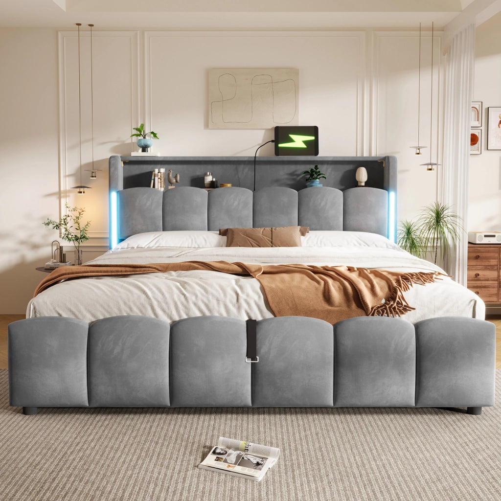 Letto imbottito 180x200 cm in velluto grigio con LED; vano contenitore e porte USB/Type-C