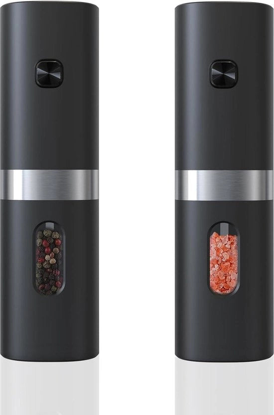 Molentele Zucchero e Pepe Automatico con Alimentazione a Batterie - Unico Comando a Mano - Regolazione della Finitura - Vaschetta di Rabbocco del Sale e del Pepe