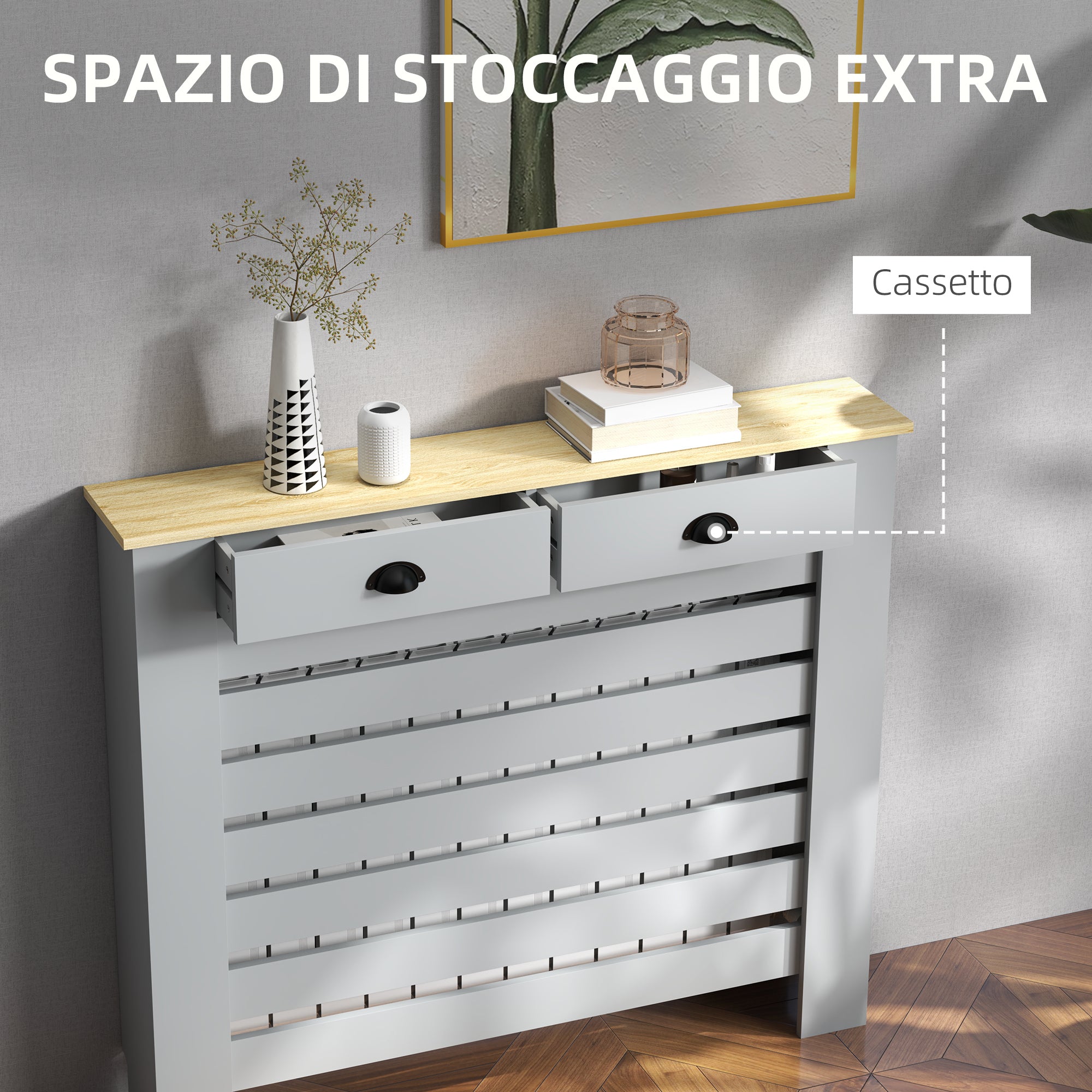 Copritermosifone a Doghe Copricalorifero a Griglia con 2 Cassetti 111x19x95,5 cm in MDF Grigio