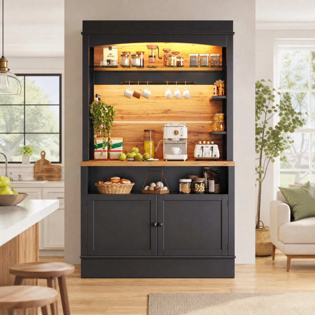 Credenza alta da cucina con LED USB, 107x43x184 cm, nera