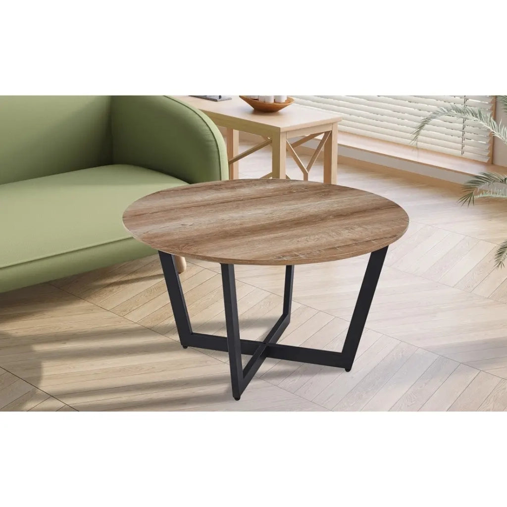 Tavolino basso rotondo CARMIN – Rovere invecchiato e metallo nero – Stile rustico