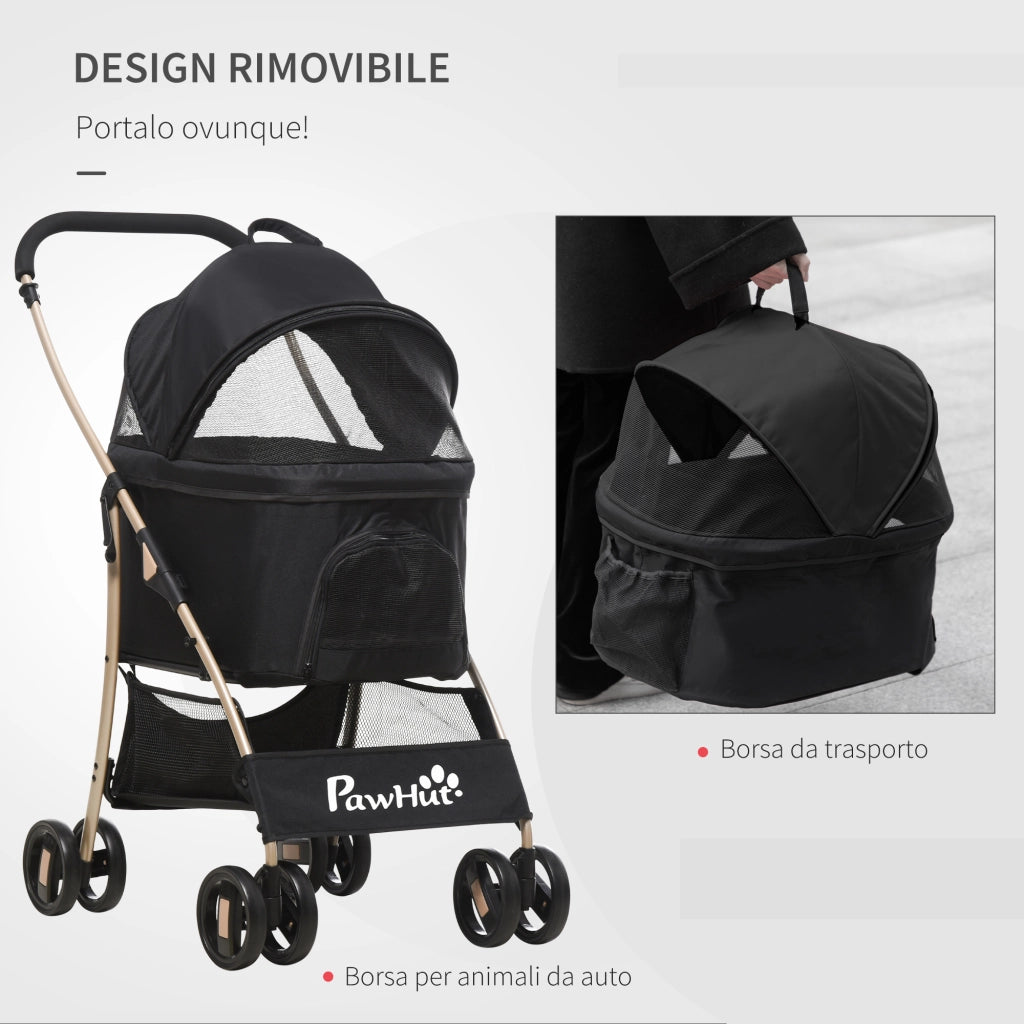 EasyComfort Passeggino per Cani Pieghevole con Trasportino Rimovibile e Tettuccio, 82x49.5x98cm, Nero