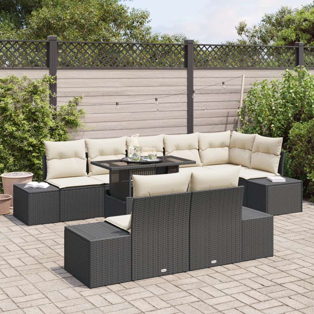Set di divani da giardino 9 pezzi con cuscini in polirattan nero