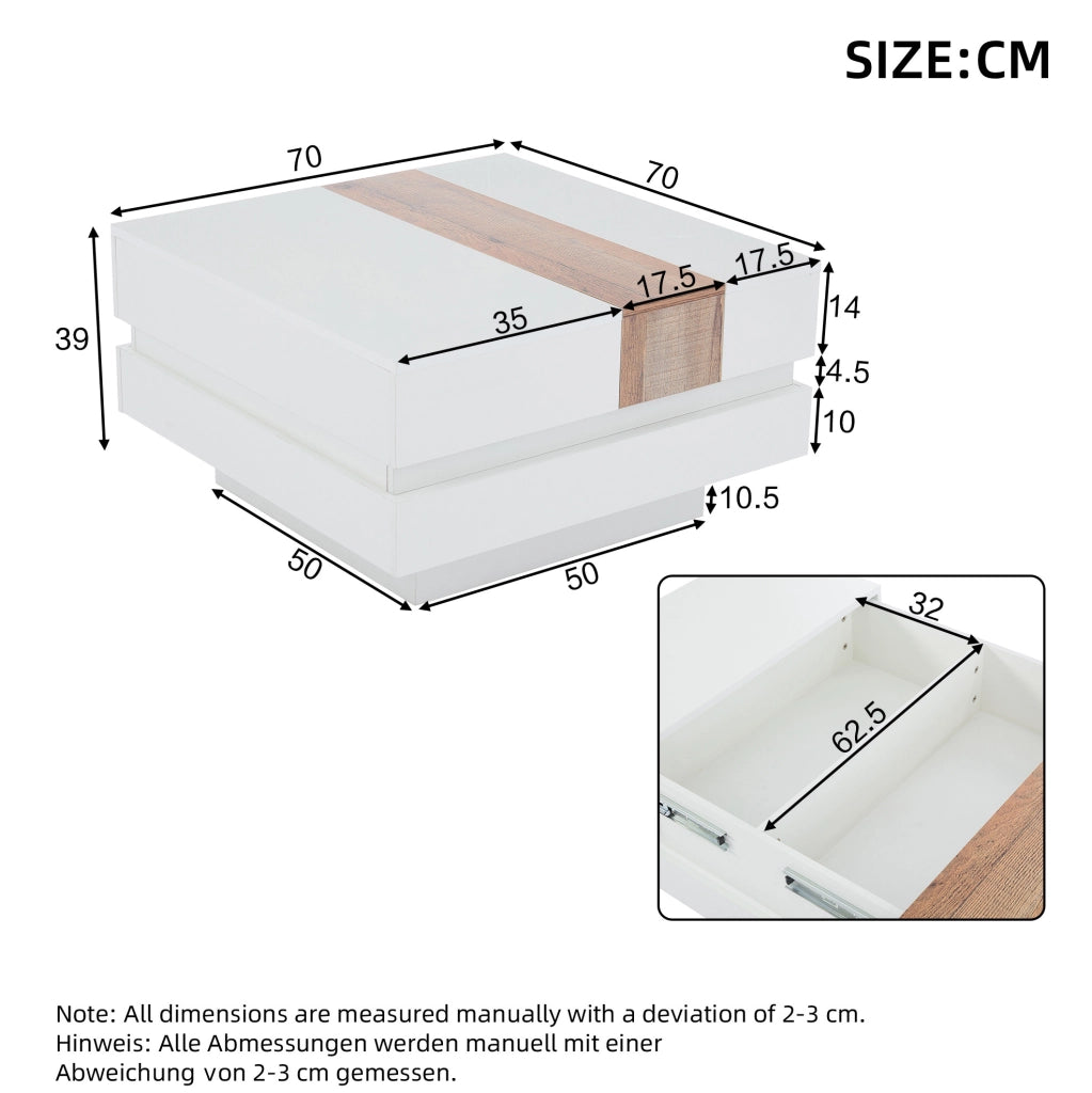 Tavolino da caffè quadrato 70x70x39 cm bianco lucido con piano estraibile e vano contenitore