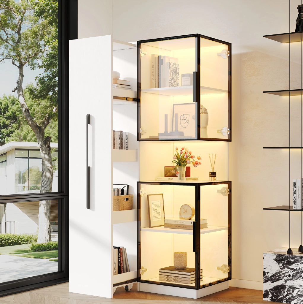 Vetrina 70x38x160 cm in MDF e vetro bianco con LED e vani laterali