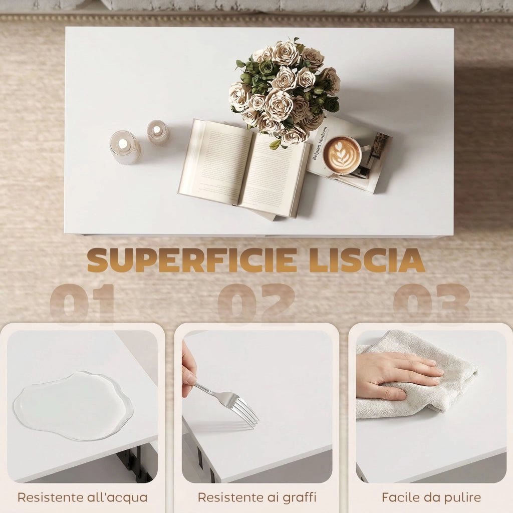 Tavolino da Caffè 75x40x58 cm con Piano Sollevabile e Spazio Nascosto Bianco Punzonato