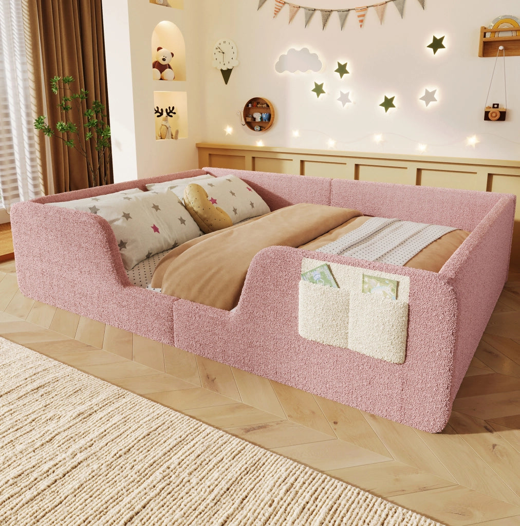 Letto imbottito per bambini 140 x 190 cm in velluto rosa con sponde rimovibili