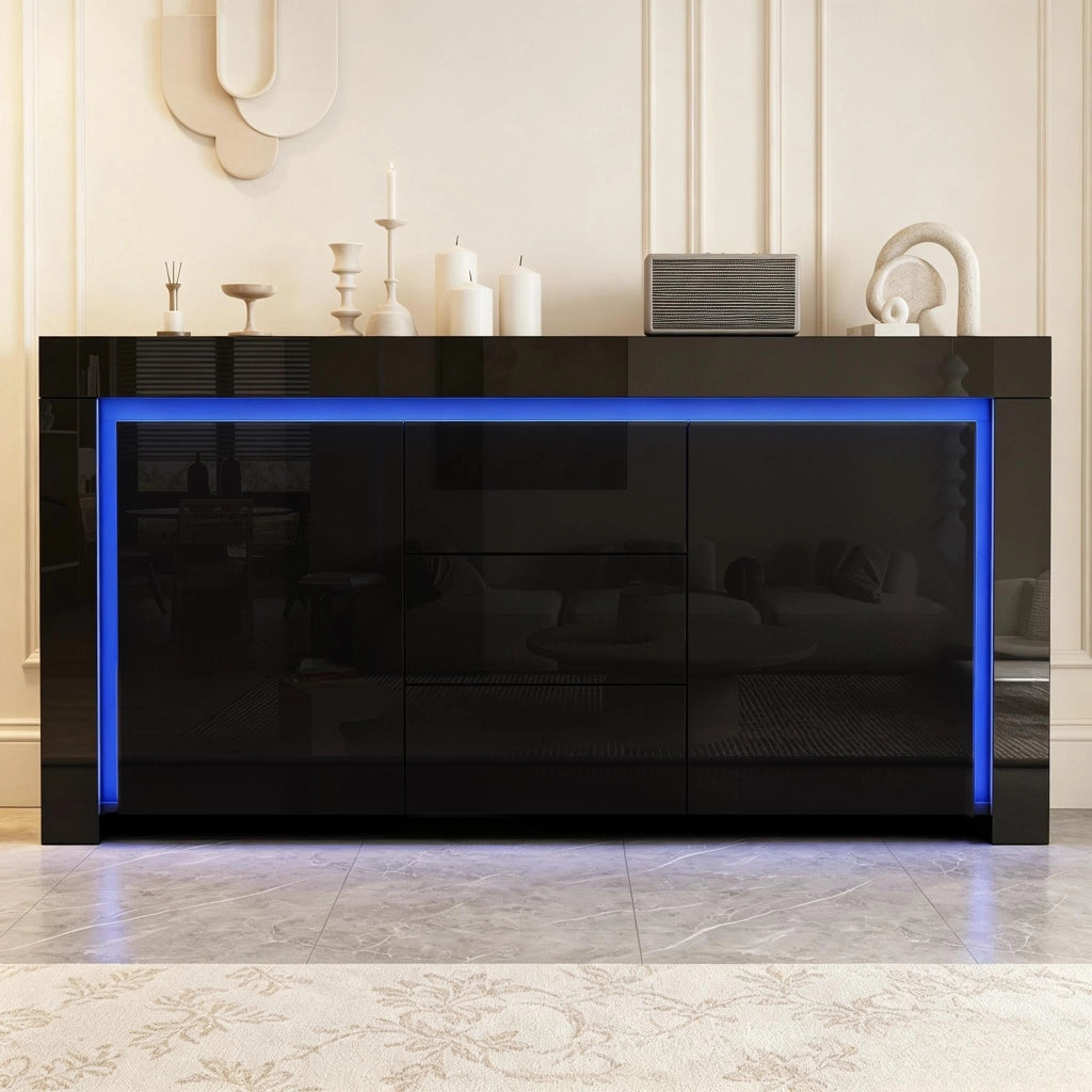 Credenza con 2 ante e 3 cassetti; LED e piano lucido - per soggiorno - 140 x 40 x 65 cm - nera