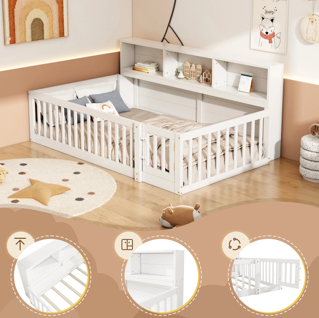 Daybed 90x200 cm con ripiani laterali e sponde di sicurezza; in pino e MDF bianco