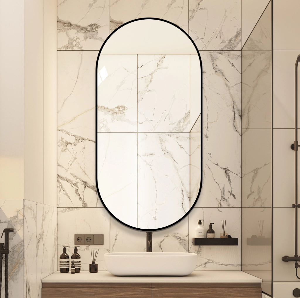 Specchio da parete ad arco 60x120 cm, cornice in alluminio nero per bagno e ingresso