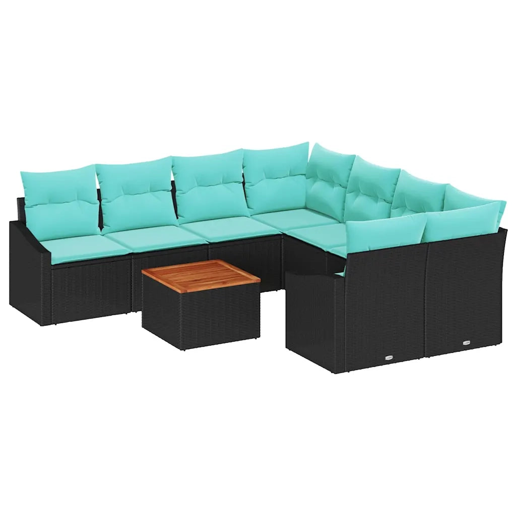 Set Divano da Giardino con cuscino 9 pcs Nero polyrattan